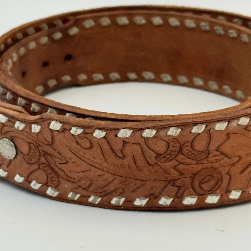 Custom Tooled Leather Belt David Personalized Buckstitch Western Tan Brown‎